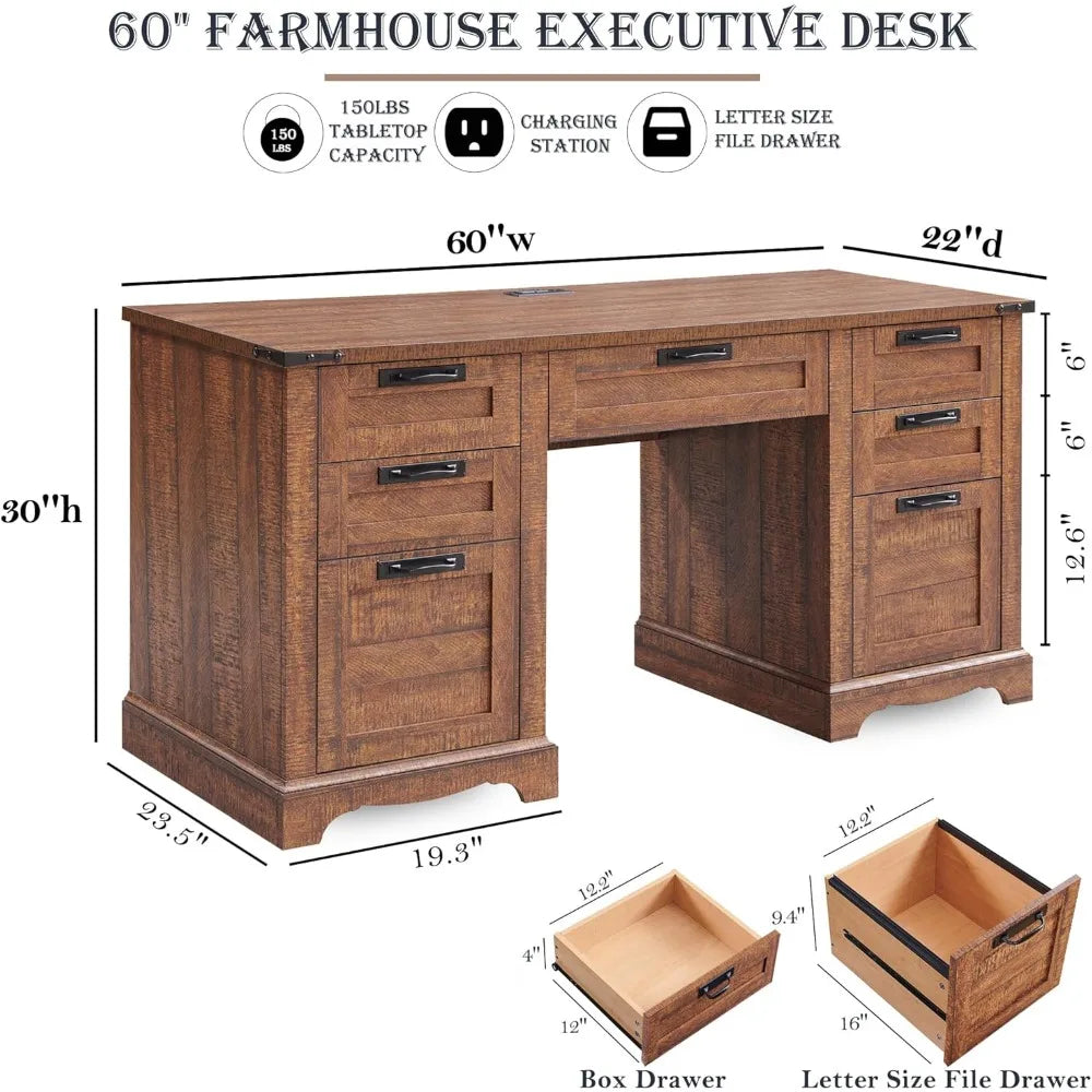 60" Farmhouse Executive Desk with Drawers