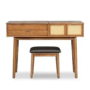 43.3" Classic Wood Makeup Vanity Desk Set with Flip-top Mirror