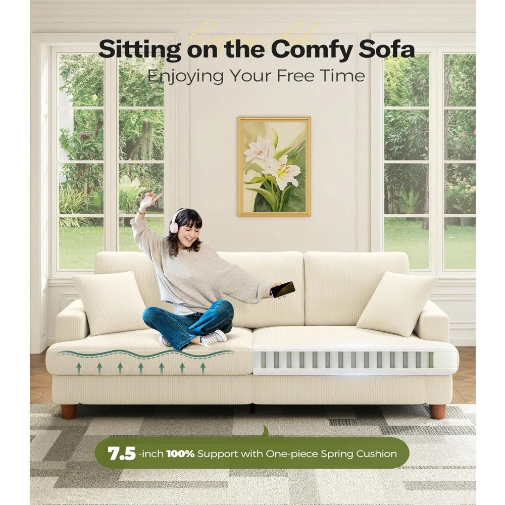 Beige White Corduroy Sofa