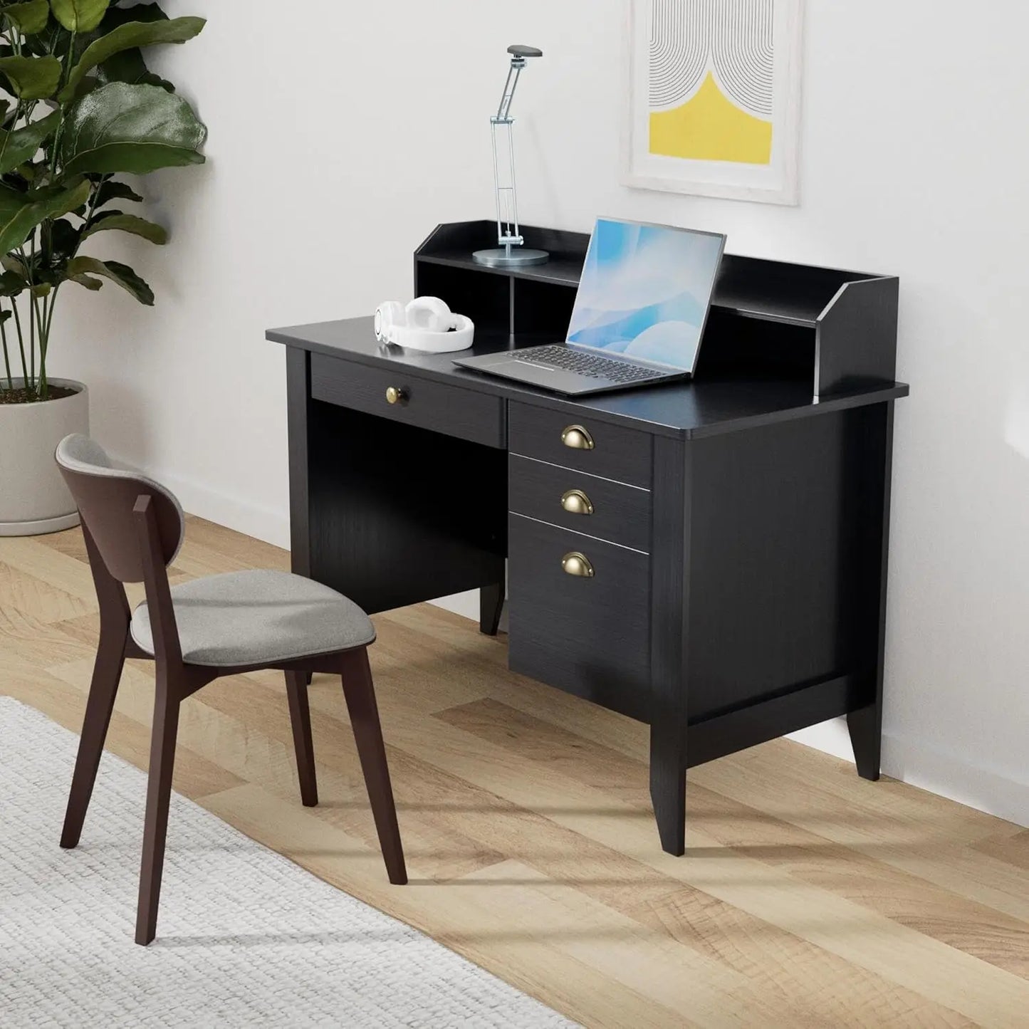 Wooden Desk with Drawers and Hutch