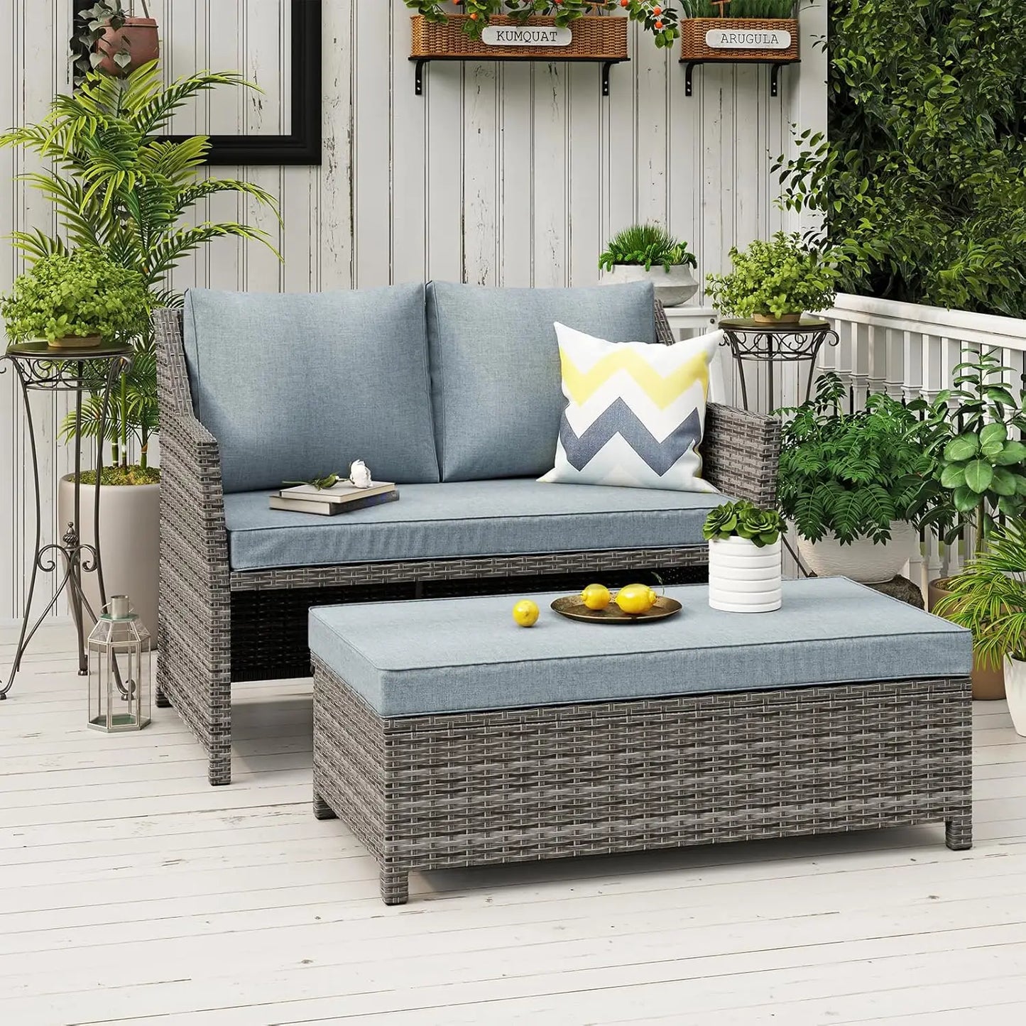 2-Piece Patio Wicker Loveseat and Coffee Table Set