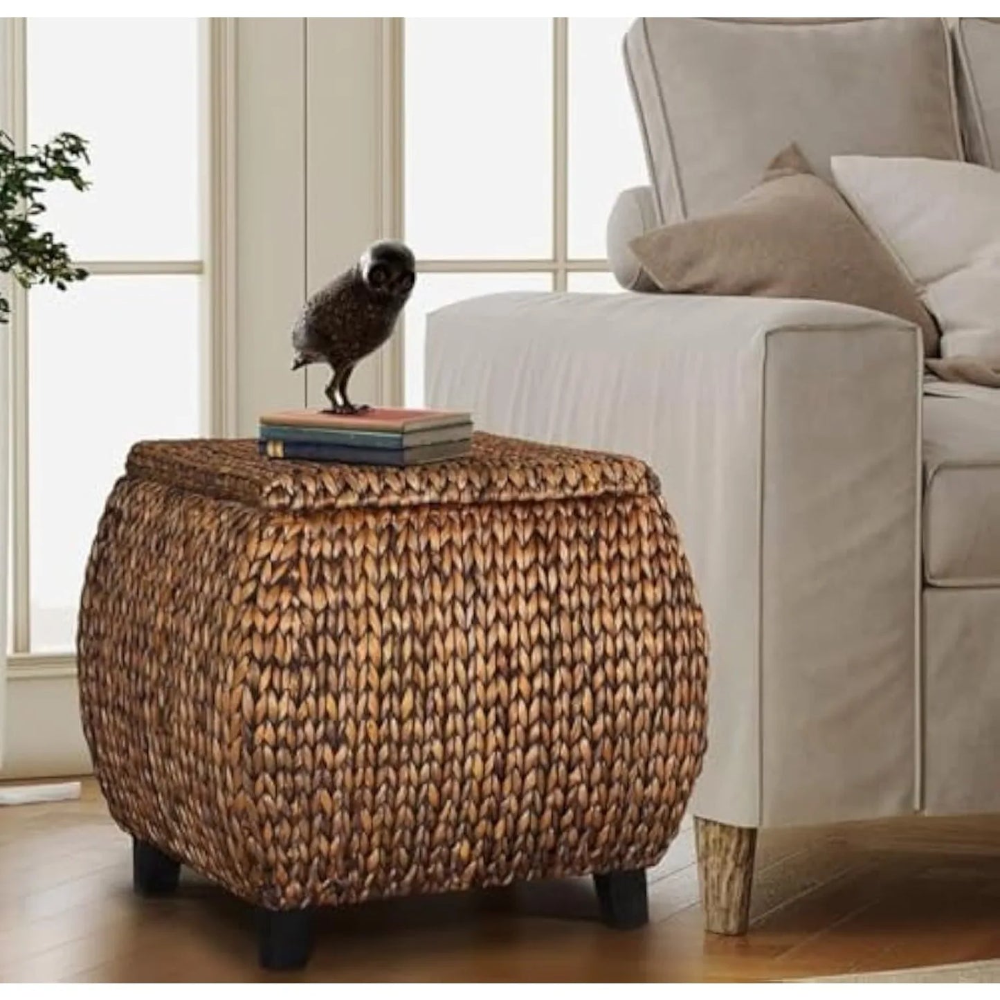 Solid Wood Rattan Woven Pouf w/Storage