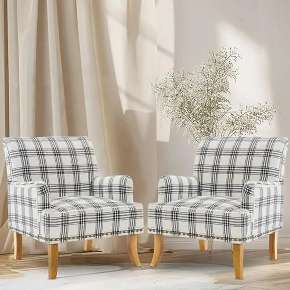 Set of 2- Black/White Plaid Linen Club Chair