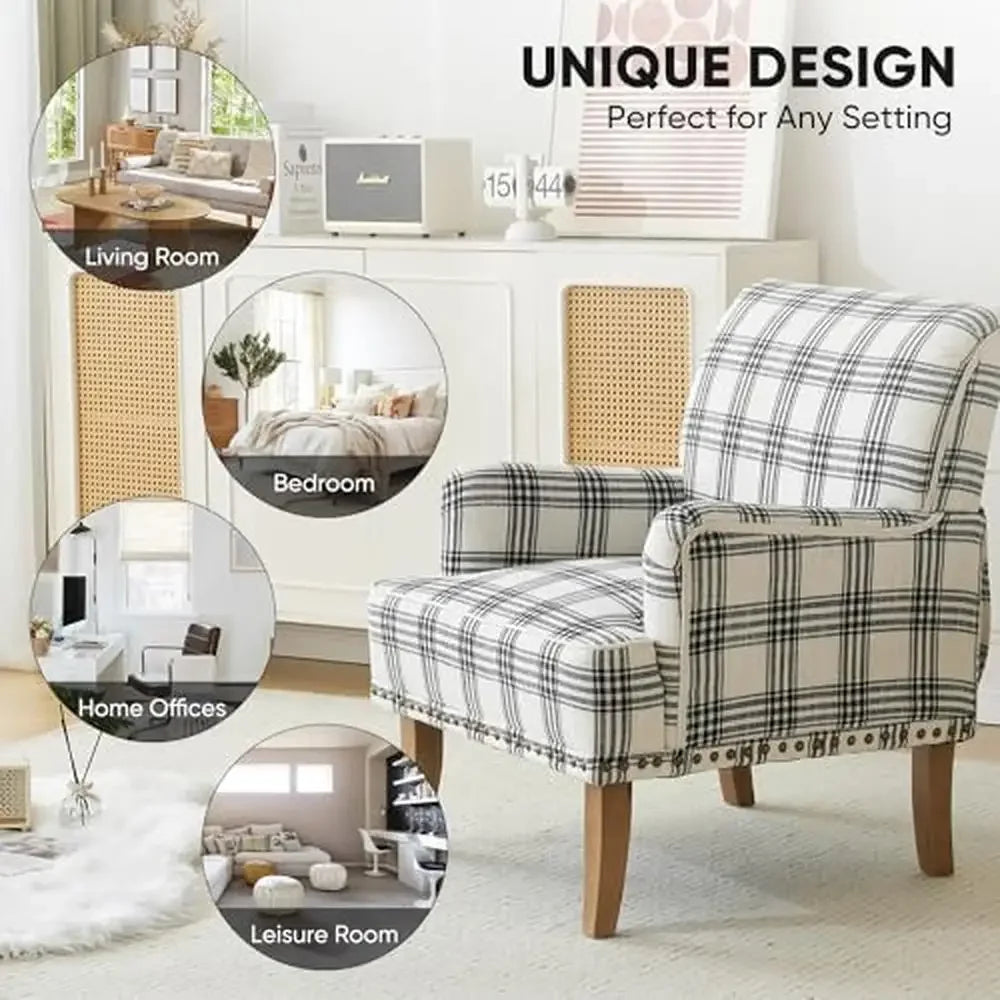 Set of 2- Black/White Plaid Linen Club Chair