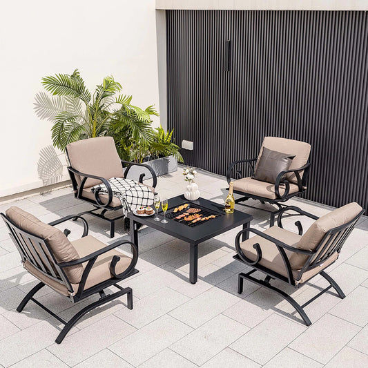 5pcs Patio Set 4-in-1 Fire Pit Table-4 Rocking Chairs