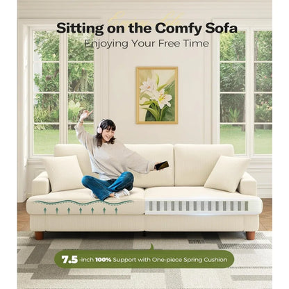 Beige White Corduroy Sofa