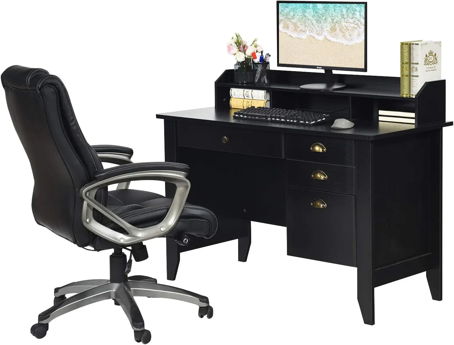 Wooden Desk with Drawers and Hutch