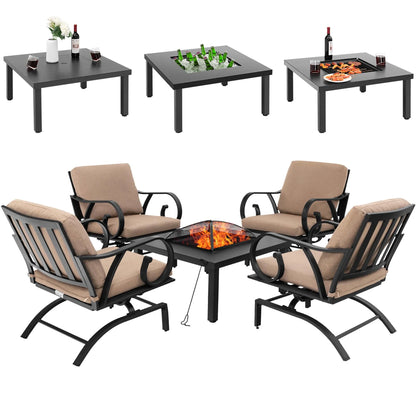 5pcs Patio Set 4-in-1 Fire Pit Table-4 Rocking Chairs