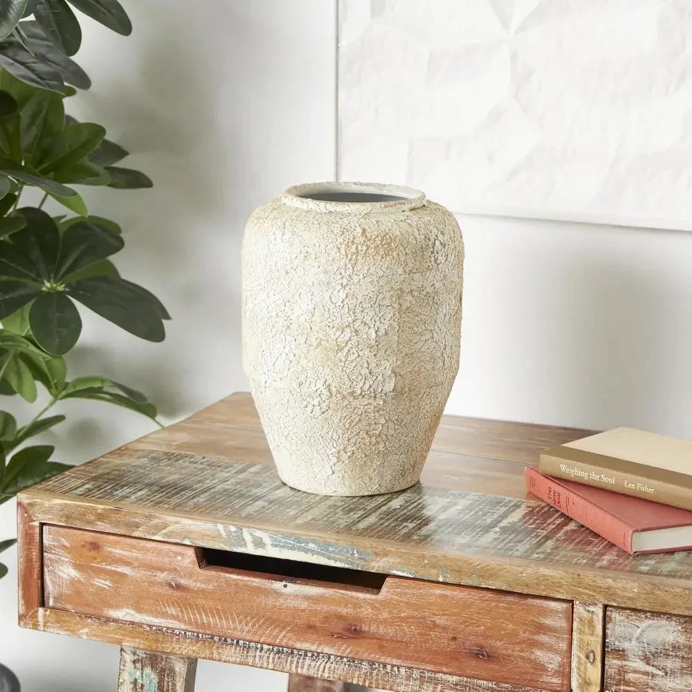 12" Handmade Distressed Beige Vase