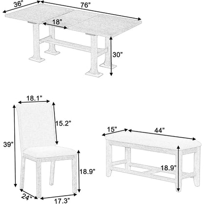 56-76"-L, 6-Piece Extendable Dining Table Set