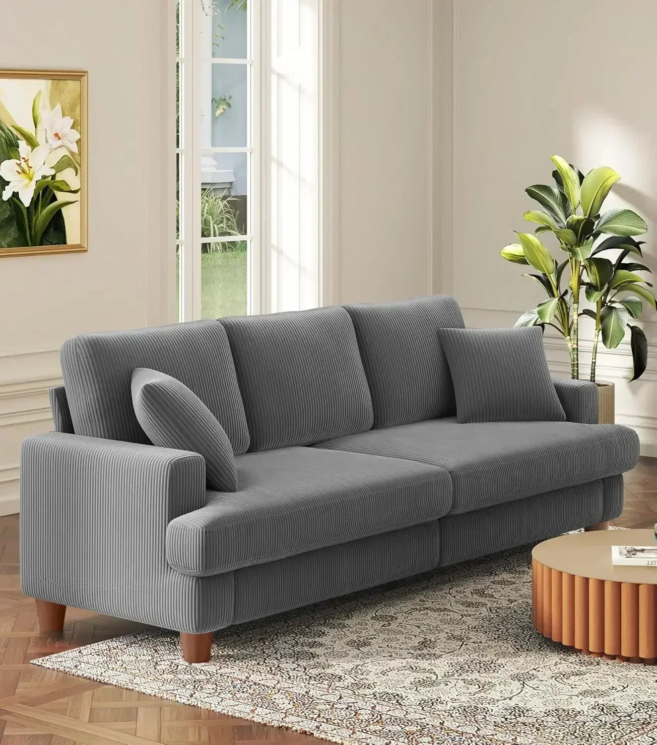 87", 3-Seat Grey, Green, or Beige Corduroy Sofas