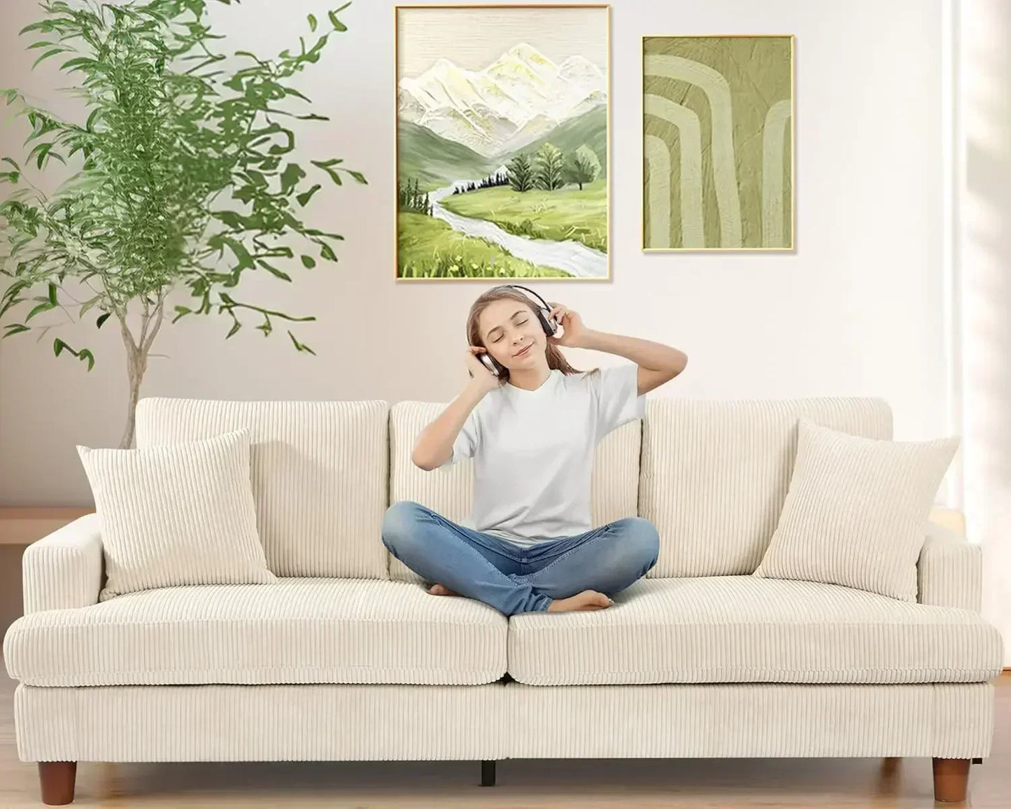 87", 3-Seat Grey, Green, or Beige Corduroy Sofas