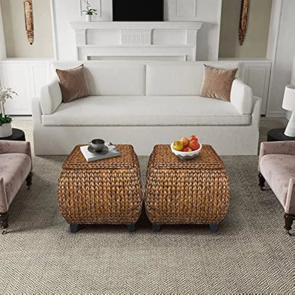 Solid Wood Rattan Woven Pouf w/Storage