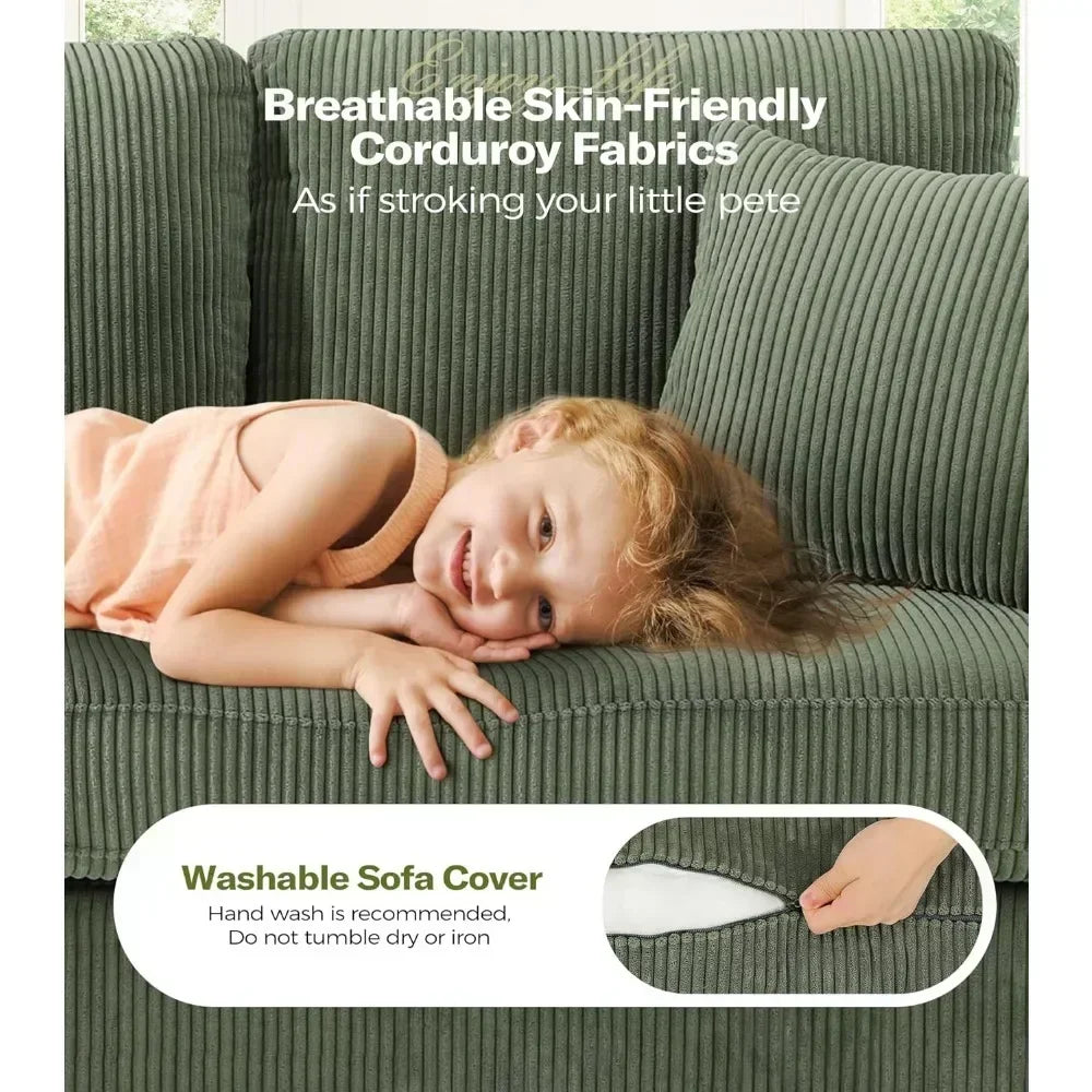 87", 3-Seat Grey, Green, or Beige Corduroy Sofas