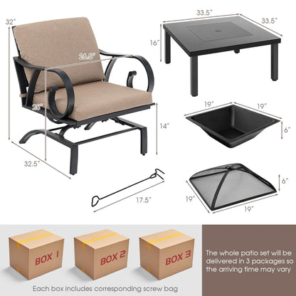 5pcs Patio Set 4-in-1 Fire Pit Table-4 Rocking Chairs