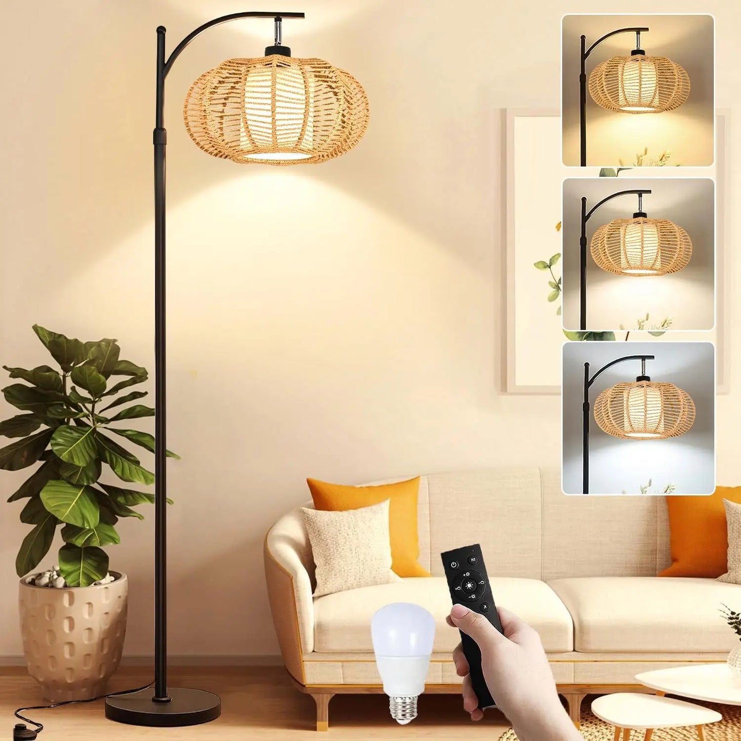 72.8" 2-shade Boho Wicker Floor Lamp
