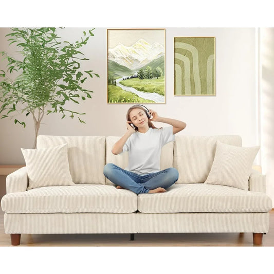 Beige White Corduroy Sofa