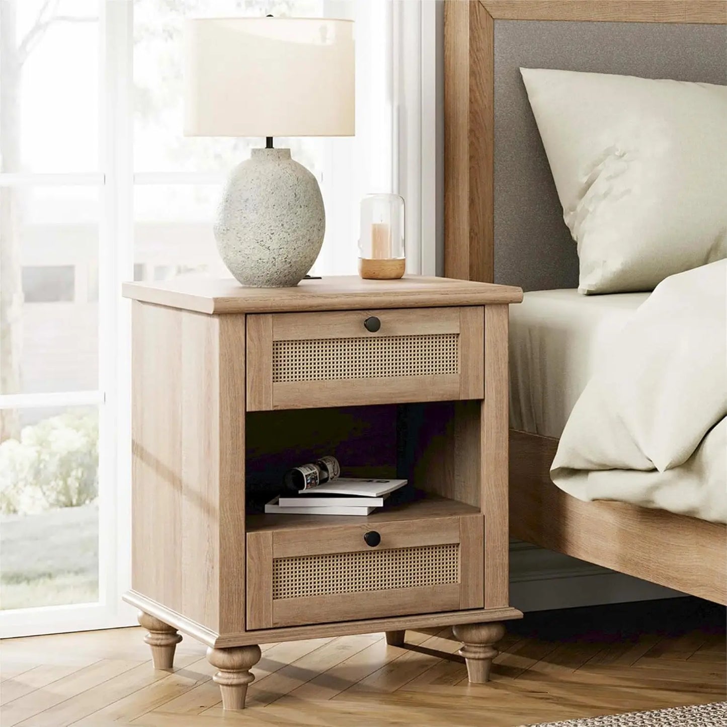 Rattan Wood Side Table/Nightstand