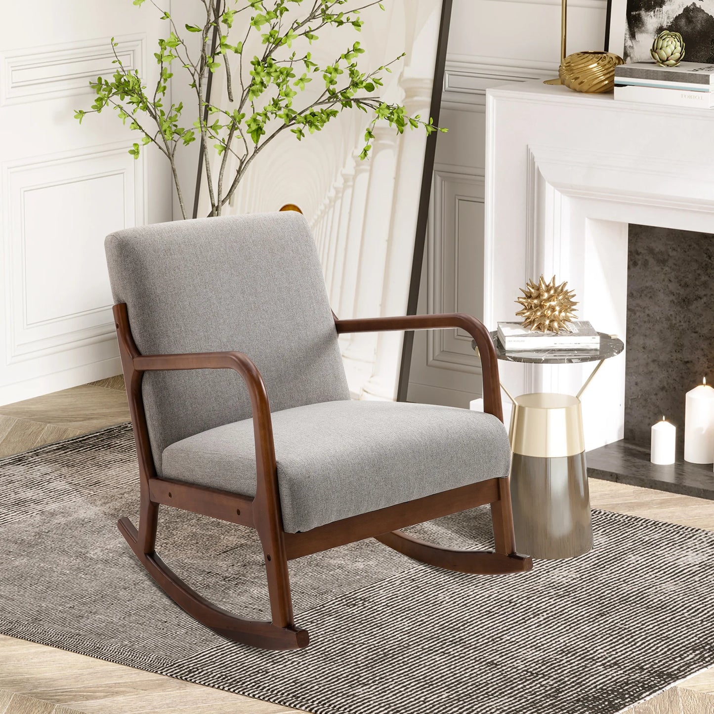 Wooden Framed Light Grey Linen Rocking Chair