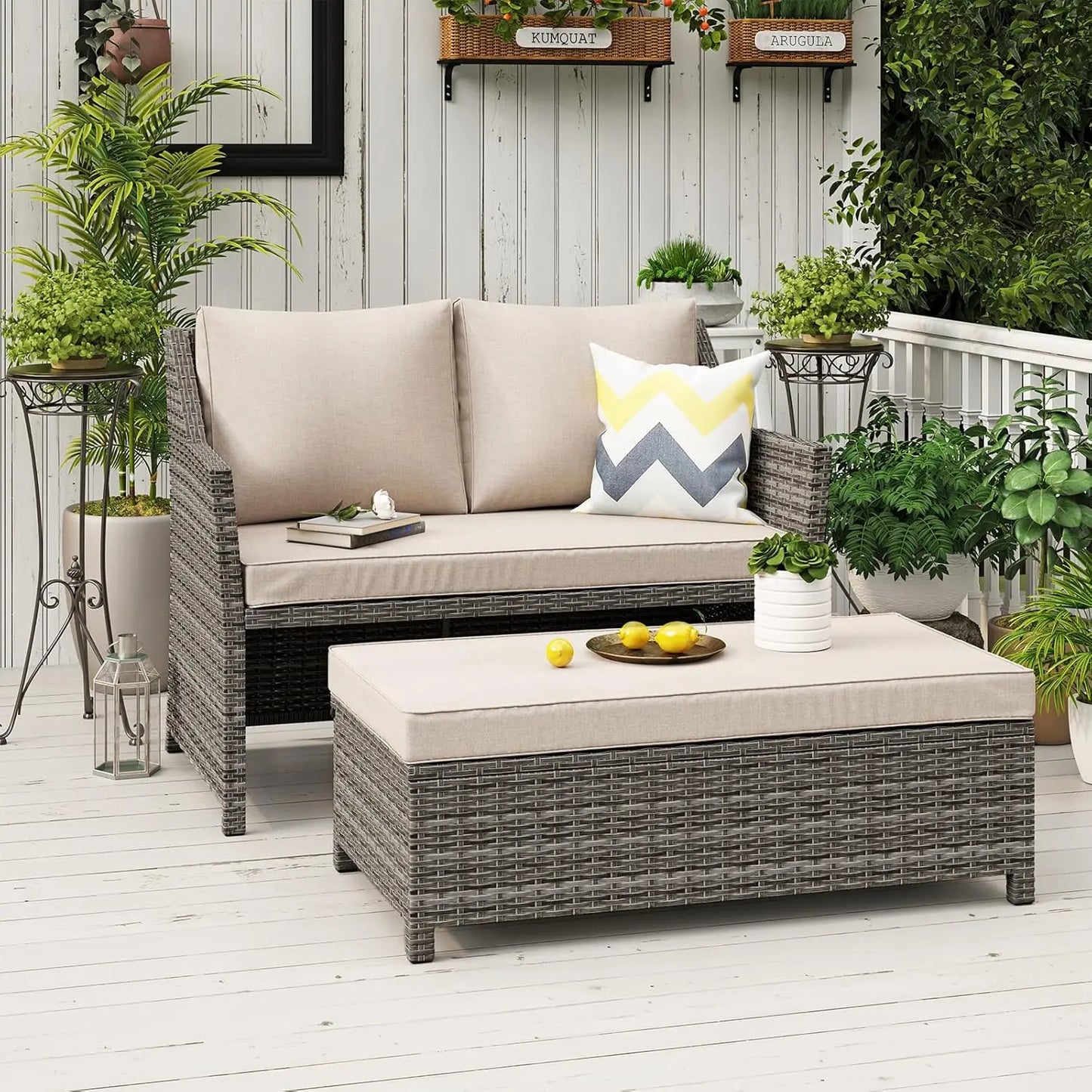 2-Piece Patio Wicker Loveseat and Coffee Table Set