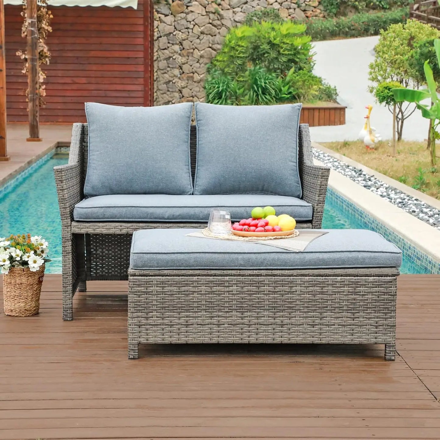 2-Piece Patio Wicker Loveseat and Coffee Table Set