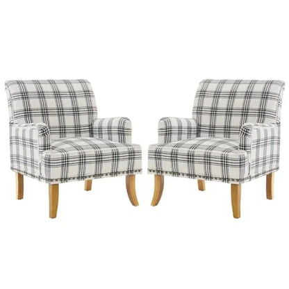 Set of 2- Black/White Plaid Linen Club Chair