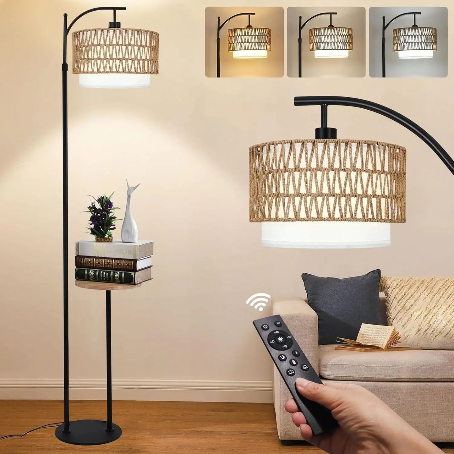 72.8" 2-shade Boho Wicker Floor Lamp