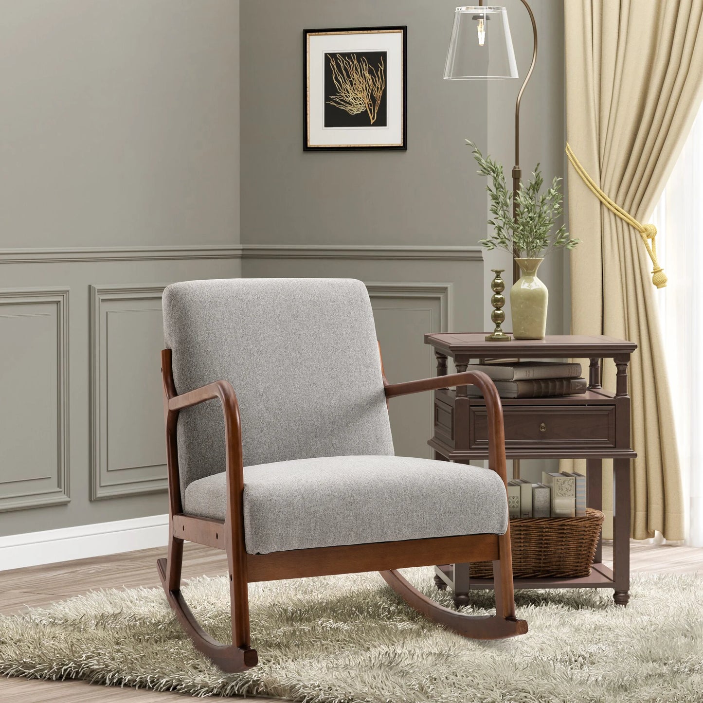 Wooden Framed Light Grey Linen Rocking Chair