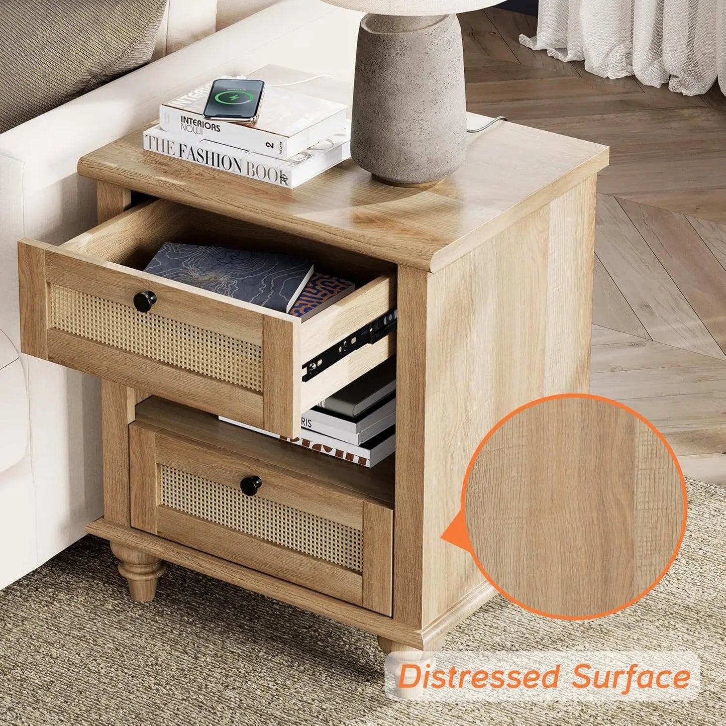 Rattan Wood Side Table/Nightstand