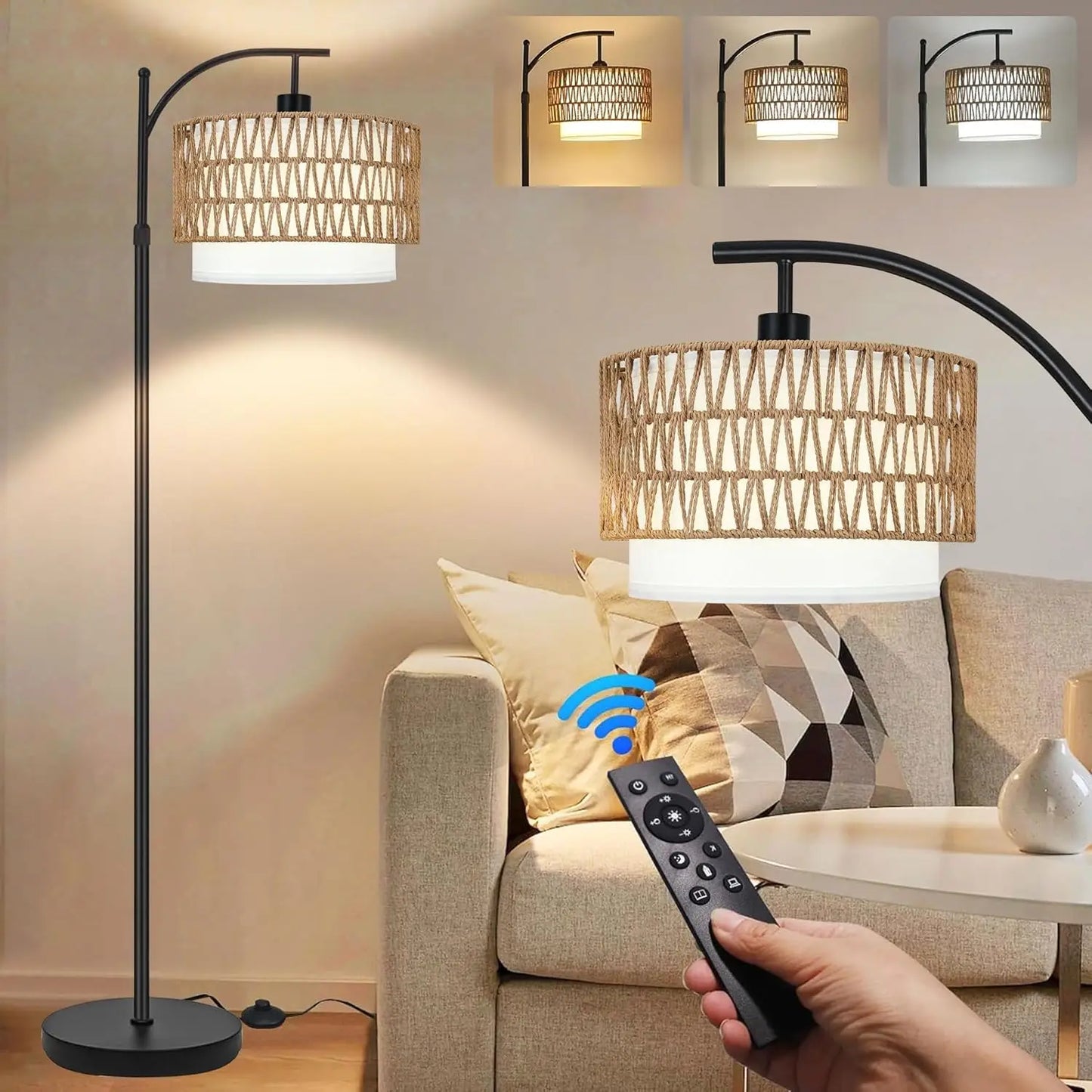 72.8" 2-shade Boho Wicker Floor Lamp