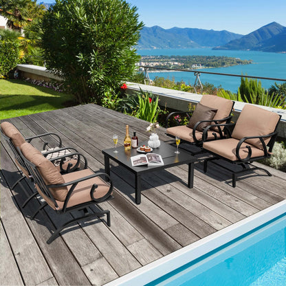 5pcs Patio Set 4-in-1 Fire Pit Table-4 Rocking Chairs