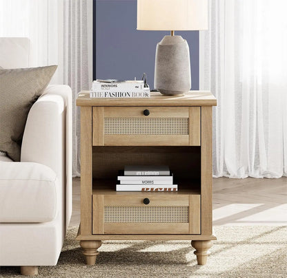 Rattan Wood Side Table/Nightstand