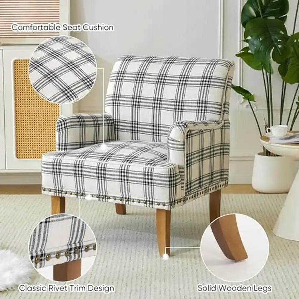 Set of 2- Black/White Plaid Linen Club Chair