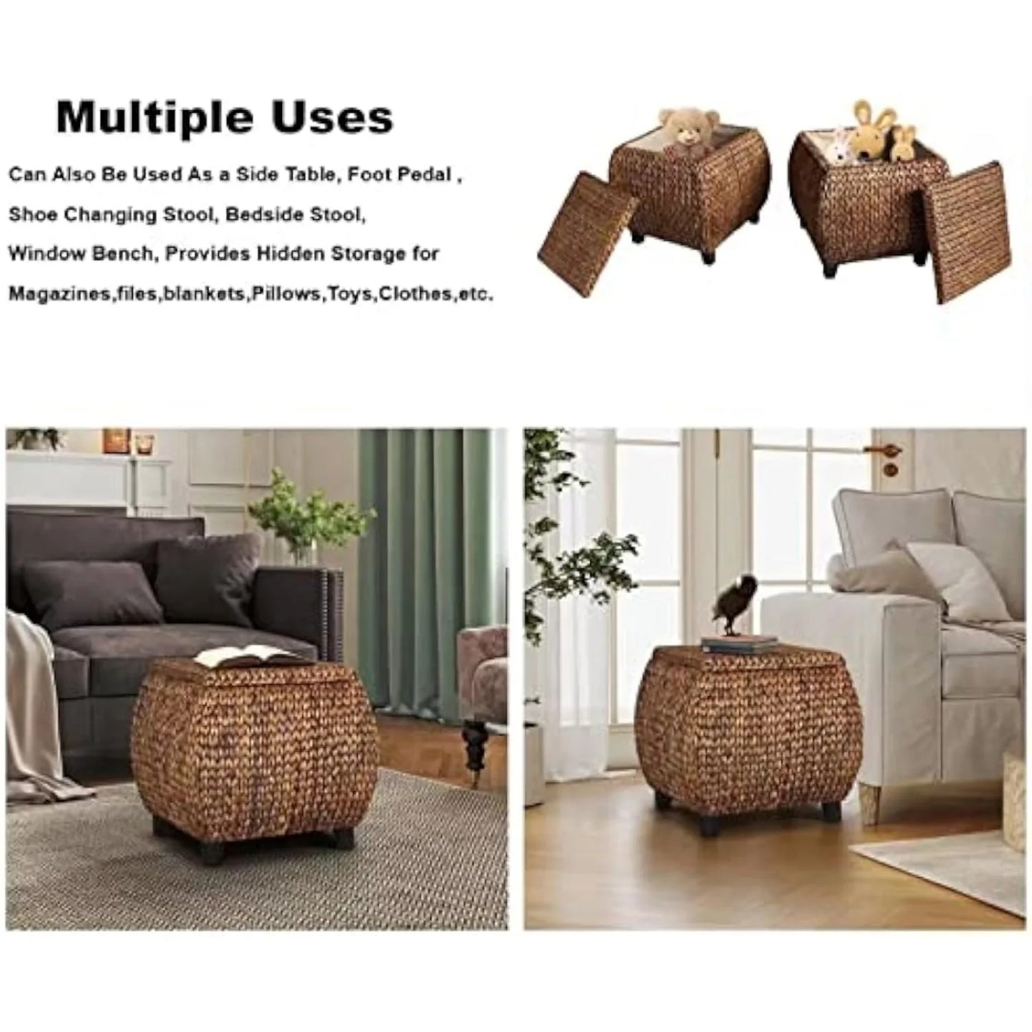 Solid Wood Rattan Woven Pouf w/Storage