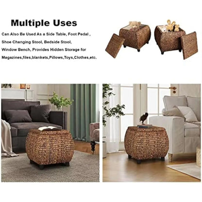 Solid Wood Rattan Woven Pouf w/Storage
