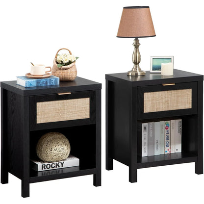 Set of 2 -Boho Wood/Rattan Nightstand End Tables