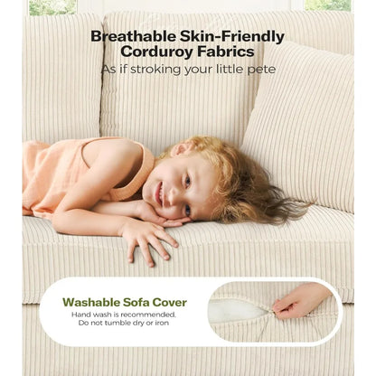 Beige White Corduroy Sofa