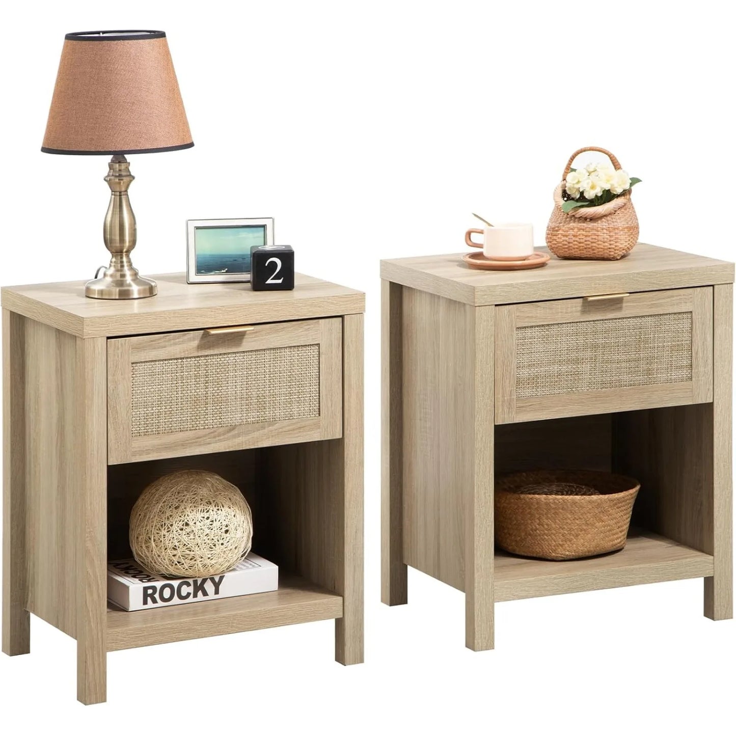 Set of 2 -Boho Wood/Rattan Nightstand End Tables