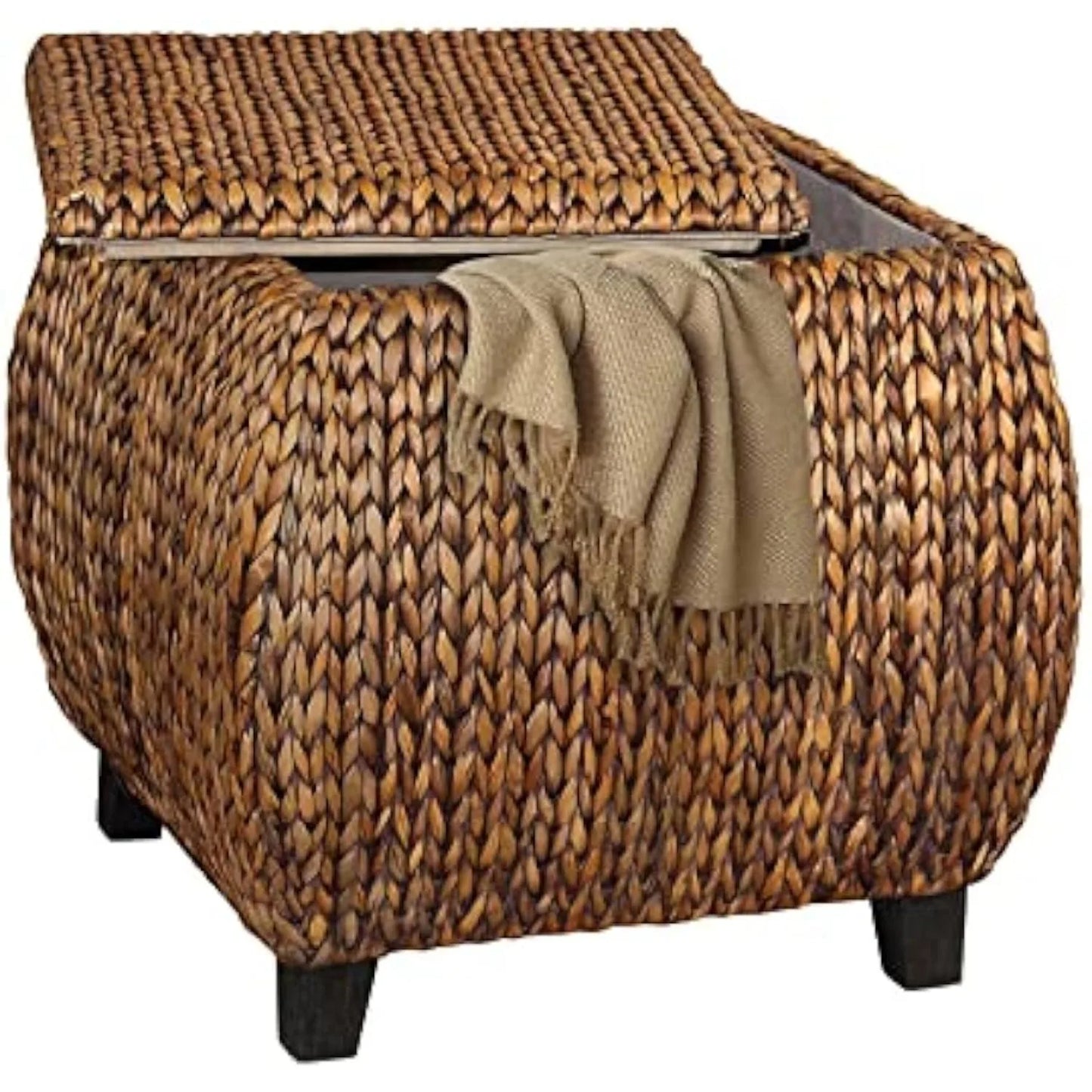 Solid Wood Rattan Woven Pouf w/Storage