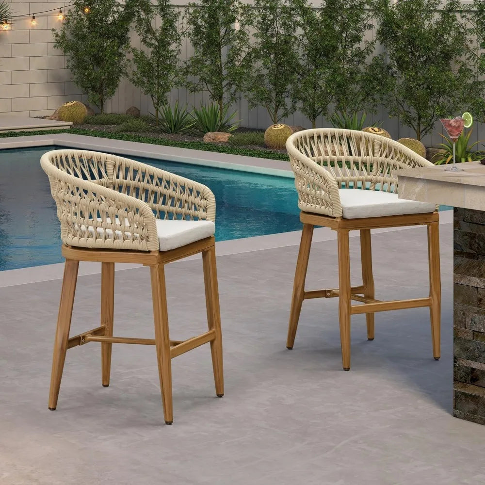 Set of 2-Outdoor Rattan 24" Counter Height Bar Stools
